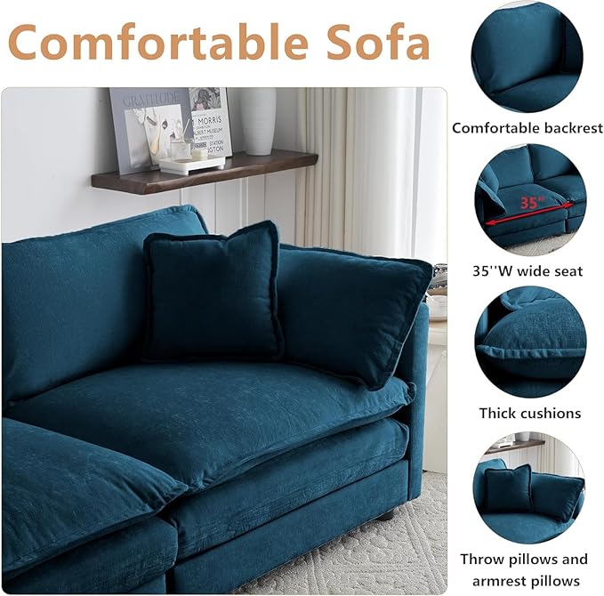Aoowow Single Deep Seat Sofa Comfy Chenille Couch,Modern Upholstered Accent Armchair with Pillow for Living Room Bedroom Apartment(Blue)