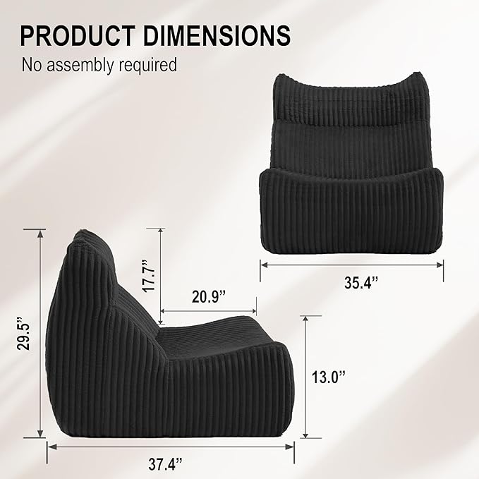 Bean Bag Chairs, Giant Bean Bag Chair for Adults, Memory Foam Lounge Chair, Comfy Lazy Floor Chair, Bean Bag Sofa for Living Room, Bedroom and Office, Single Bean Bag (Black)