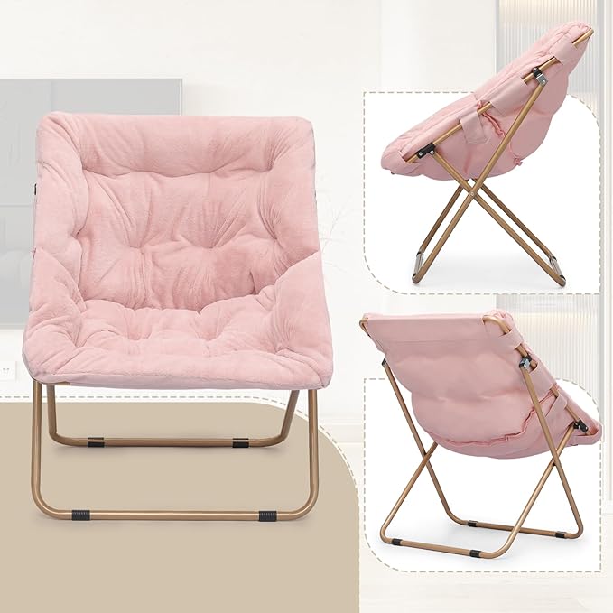 Athena Collection Saucer Chair for Adult, Square Comfy Cozy Chair Folding Chair Faux Fur Metal Frame Foldable Reading Chair Accent Chair for Bed Room Living Room, Pink