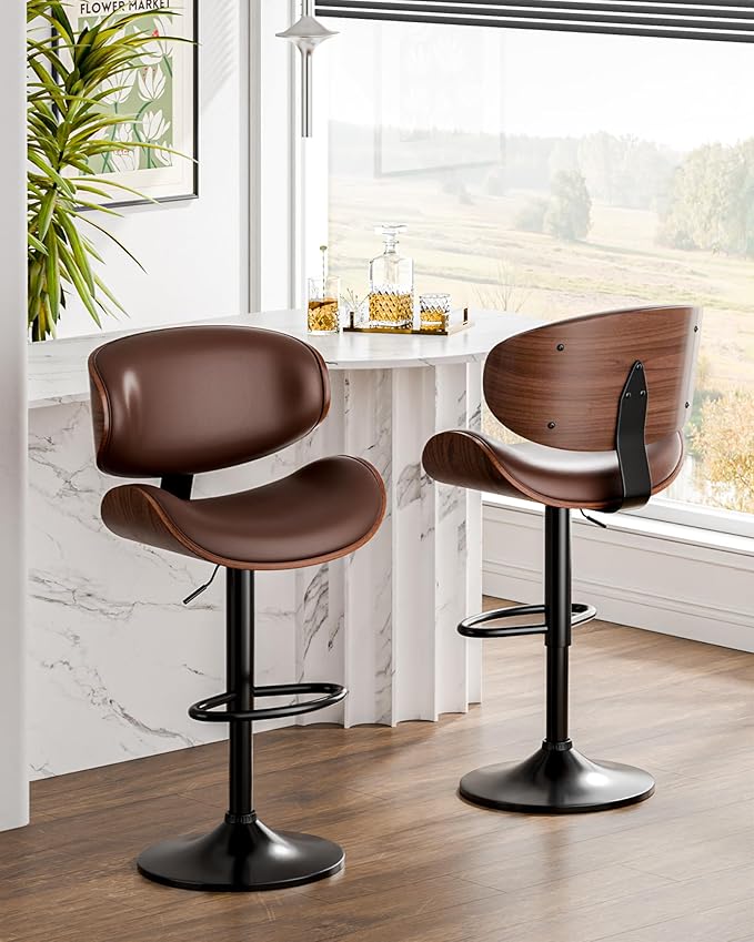 Aowos Bar Stools Set of 2, Adjustable Swivel Leather Bar Stools for Kitchen Island, Mid Century Modern Counter Height Bar Chairs Barstools with Back & Footrest (Brown)