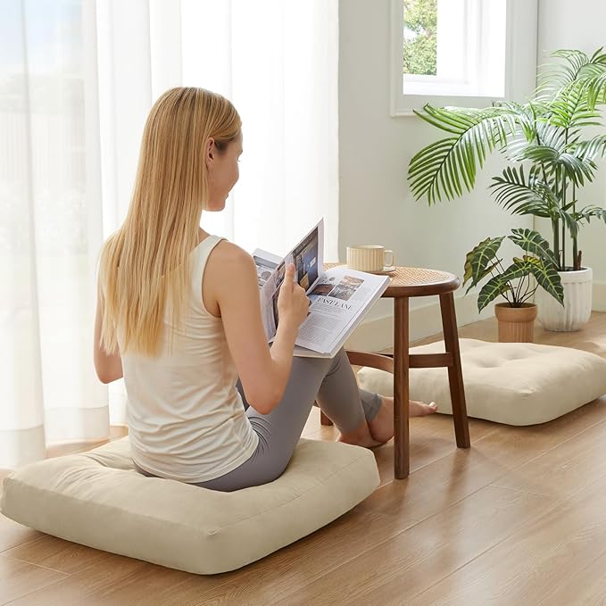 SM-XLHN Meditation Floor Pillow Set of 1, Square Large Pillows Seating for Adults, Meditation Cushion Pillow,Tufted Corduroy Cushion for Tatami Living Room or Yoga, Beige, 22x22 Inch