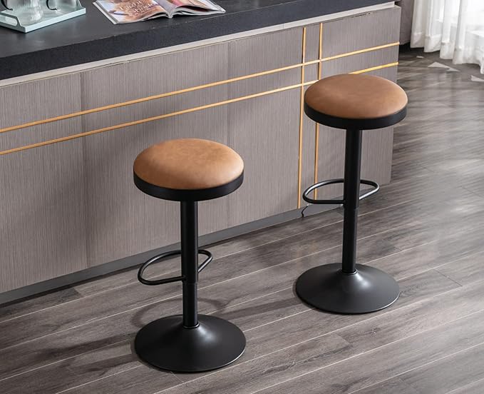 EALSON Modern Swivel Bar Stools Set of 2 Adjustable Counter Height Backless Barstools with Metal Base Leather Upholstered Round Bar Stool Chairs for Kitchen Island/Pub/Breakfast Bar, Brown