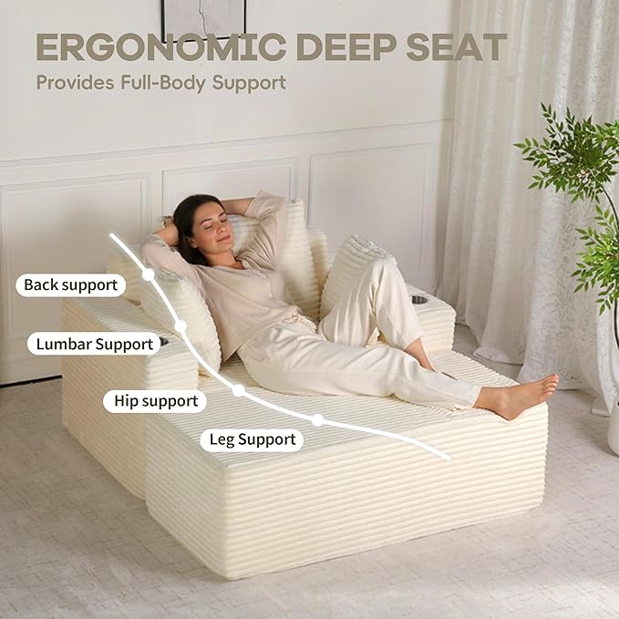 54"W Oversized Chaise Lounge Chair Indoor, Boneless Chaise Lounge Couch, Convertible Comfy Reading Chairs, Compression Sofa with Ottoman, Corduroy Sleeper Couch Chair for Living Room, Beige