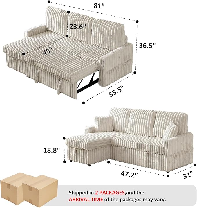 Sleeper Sofa Bed, 81” Pull Out Couch Bed with Reversible Storage Chaise, 3 in 1 L-Shaped Couch with Charging Station, Cup Holder, Side Pocket, Plush Corduroy Couches for Living Room(Beige)