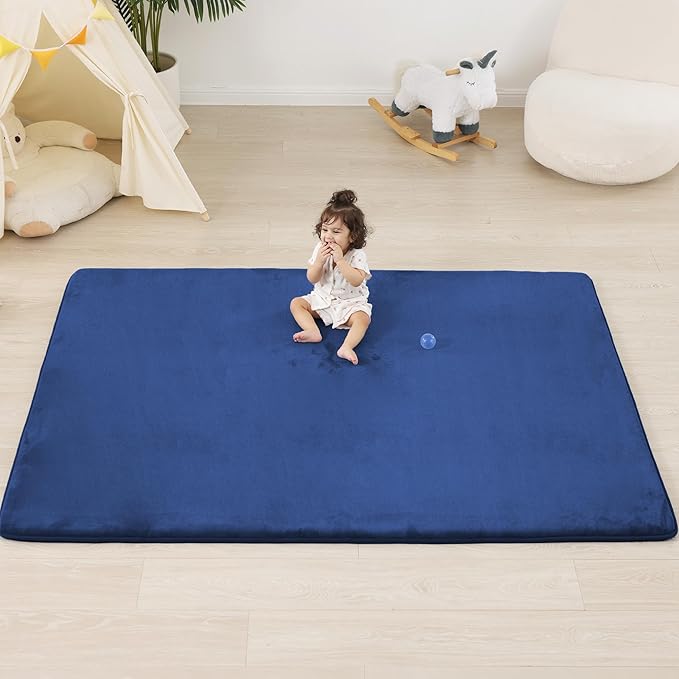 PAPAMAT 1.3" Thick Baby Floor Play Mat 71x79, Basic Padded Foam Mat for Tummy Time Crawling, Non Slip Cushioned for Babies Toddlers Infants Kids (Blue)