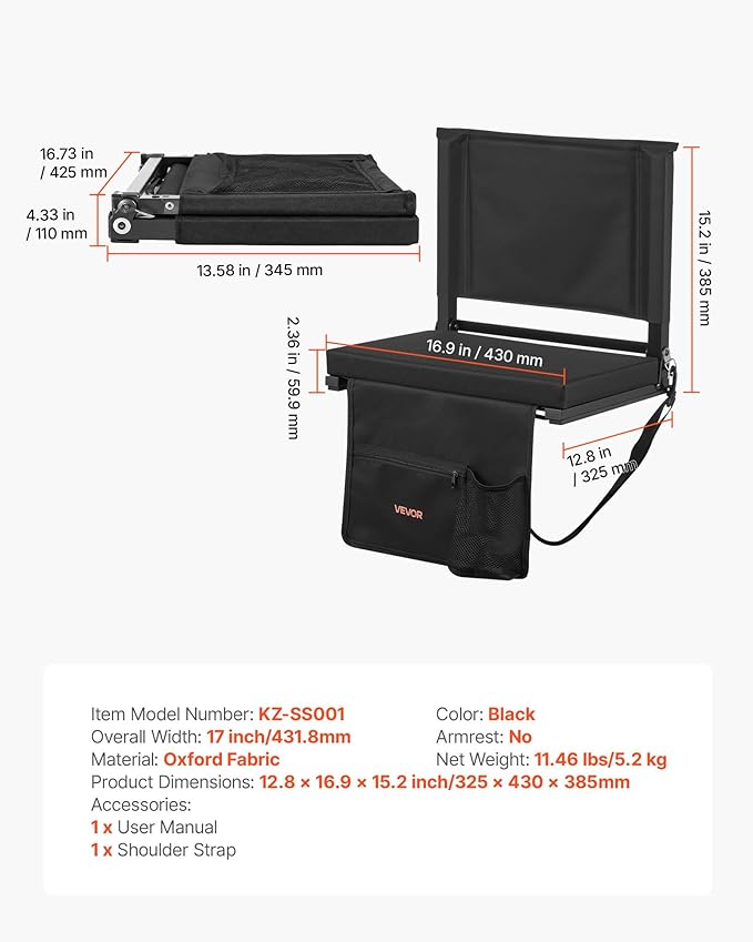 VEVOR Stadium Seat, Folding Bleacher Seat with Back Support and Thick Cushion, Padded Stadium Seats for Bleacher Includes Shoulder Strap, Hooks, Cup Holder, and Side Pocket, Black Bleachers Chair