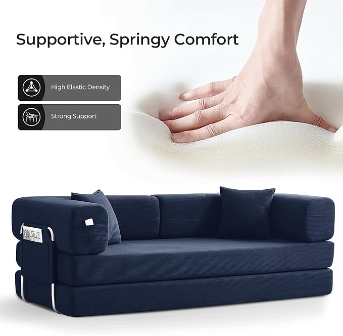 79" Convertible Sofa Bed with Pillows, Corduroy Folding Sleeper Sofa with Fixed-Shape Frame, Boneless Couch for Living Room Bedroom, Floor Sofa Lounge No Assembly Required (A - Style - Blue)