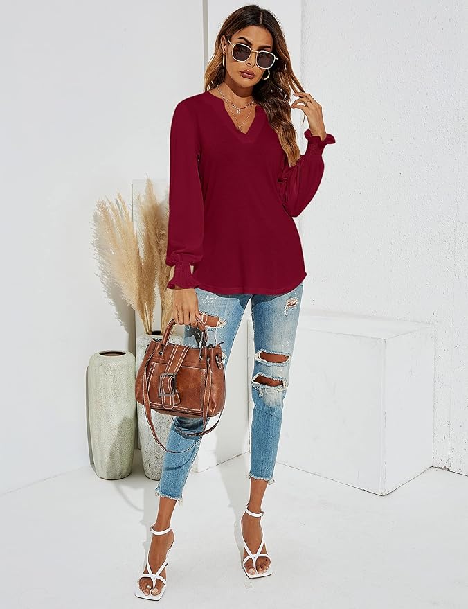 Romanstii Women's Casual V-Neck T-Shirts Loose Puff Long Sleeve Tops Tunic Blouses