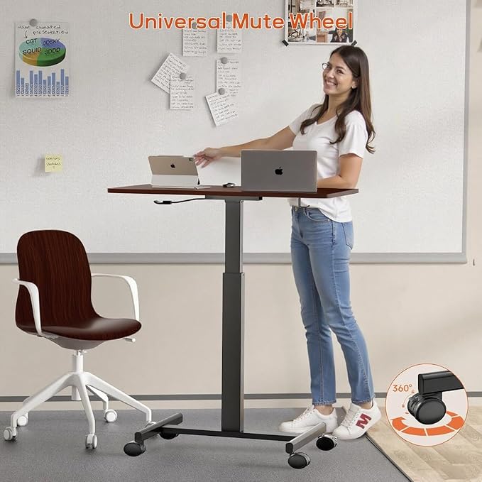 NICECOZY Mobile Standing Desk, Small Teacher Standing Rolling Desk, Portable Laptop Desk with Lockable Wheels, Computer Workstations, Adjustable Height, Dark Walnut