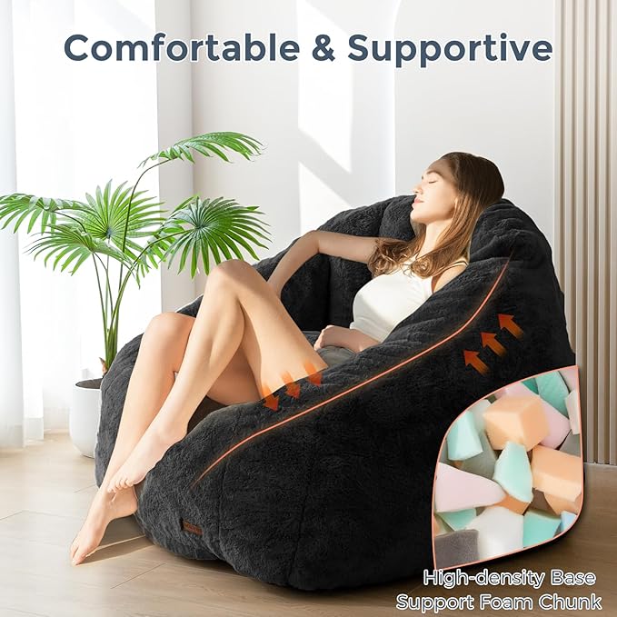 MAXYOYO Giant Bean Bag Chair, Oversized Bean Bag Couch for Adults and Kids, Faux Fur Shell-Shaped Large Chair with Filler, Stuffed Big Accent Sofa Lounge Floor Sofa for Gaming, Reading, Black