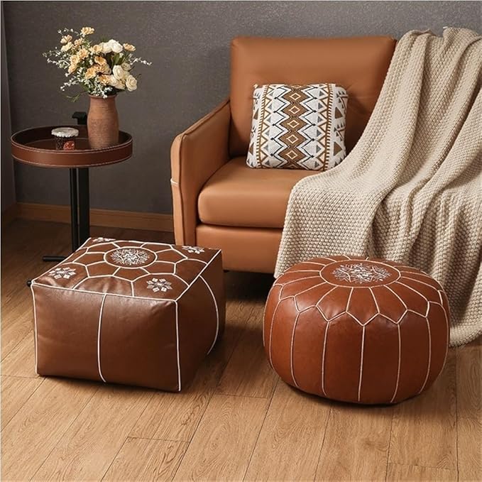 Vintage Leather Pouf Ottoman Round Meditation Cushion Floor Pouf Footrest Retro Fashion Style Floor Cushion for Living Room Solid Construction(Brown)