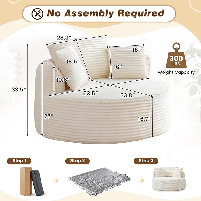 53"W Oversized Round Chaise Longue Chair Indoor,Corduroy Fluffy Comfy Cloud Chair,Circle Bean Bag Sofa with Foam Filling & Pillows,Boneless Reading Cozy Sofa Chairs for Living Room,Bedroom,White