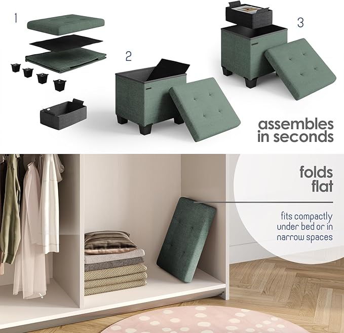 Storage Ottoman Cube with Small Bin, 16-in Square Ottoman with Storage for Living Room and Bedroom, Small Ottomans Foot Rest, Fabric Foot Stools Ottomans Max 330lbs, Green