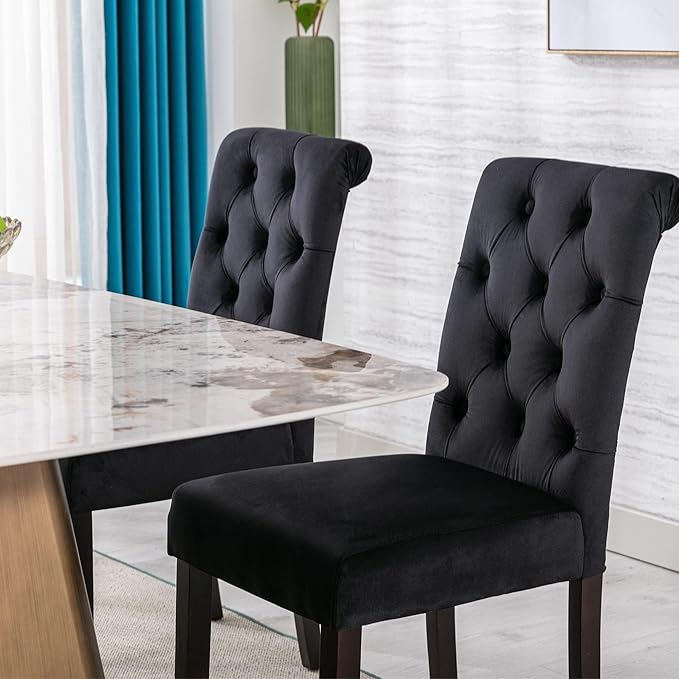 chairus Dining Chairs Set of 2 Mid Century Modern Living Room Chairs with Button Tufted High Back Velvet Chair Comfy Upholstered Side Chairs for Kitchen/Restaurant/Bedroom, Black
