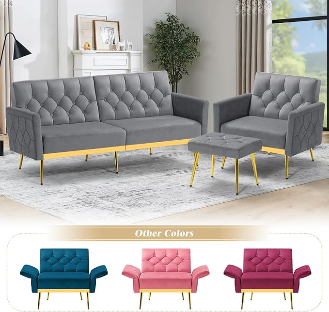 ACMEASE Velvet Accent Chair w/Adjustable Armrests and Backrests, Tufted Single Sofa with Ottoman, Upholstered Reading Chiar for Living Room, Apartment, Bedroom, Grey