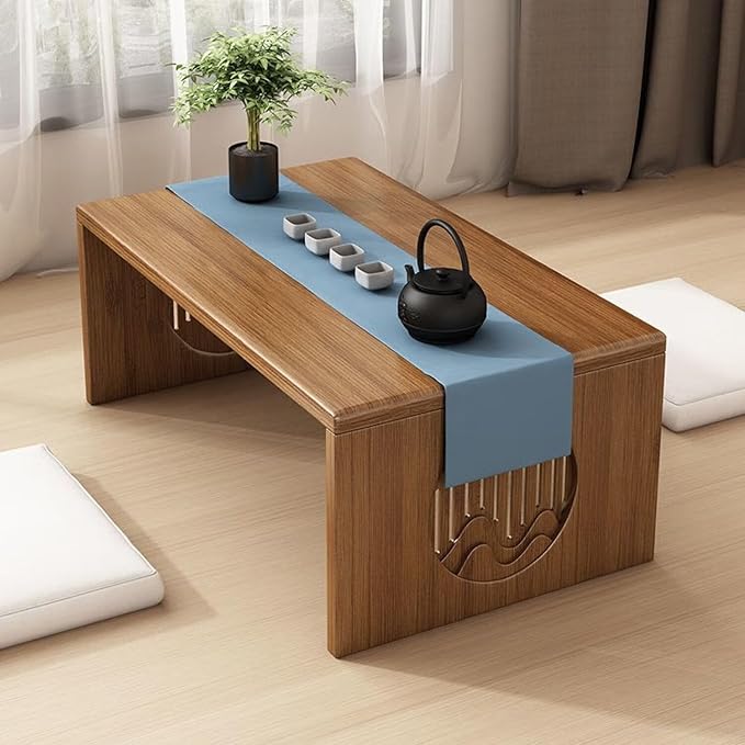 Japanese Folding Coffee Table, Foldable Low Coffee Tables, Bamboo Floor Table Desk for Sitting on The Floor, No Assembly, Portable Living Coffee Table (39.4 Inch)