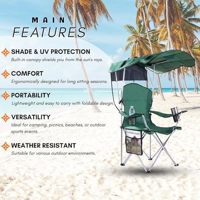 CozyBox Portable Folding Camping Chairs with Canopy Shade, Beach Chair for Adults, Durable Weather Resistant 600D Oxford Cloth, Camping Chair with Canopy for Outdoors [Green]