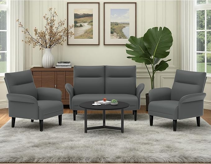 3-Piece Symmetrical Shawl Arm Sofa Set, Faux Leather Loveseat & 2 Accent Chairs with Wide Armrests, Wooden Legs, Upholstered Living Room Set for Cozy Spaces(Gray)