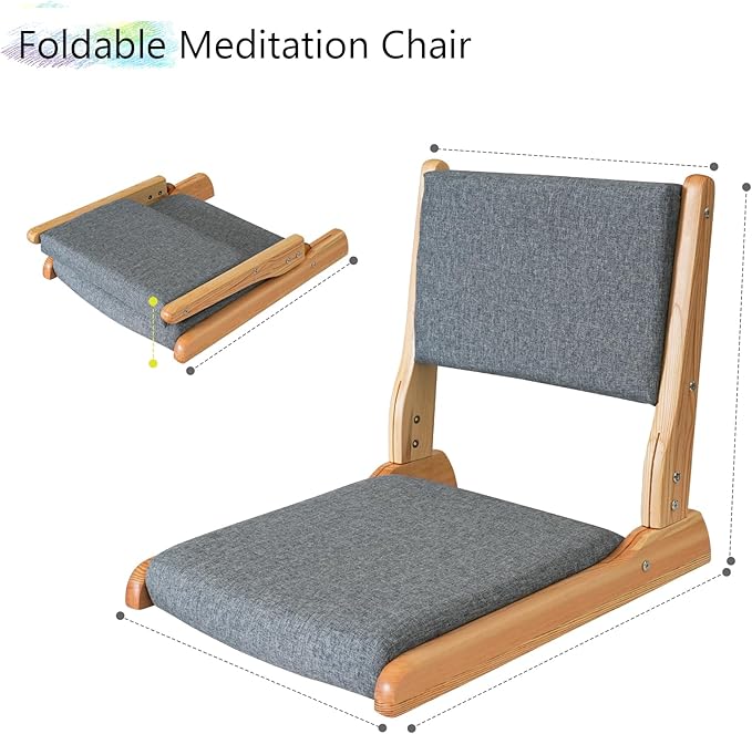 Japanese Floor Chair with Back Support, Foldable Meditation Chair, Legless Tatami Chair with Cushion, Floor Seat for Living Room, Bedroom, Bay Window (2, Dark Gray)