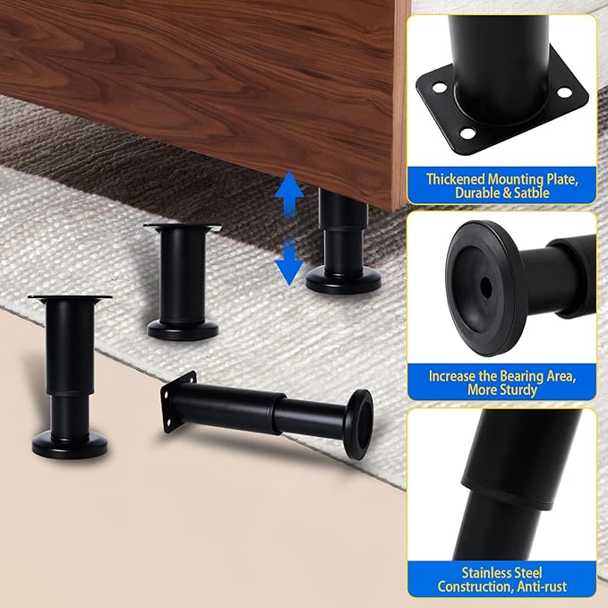 Olldag 6 Pcs Adjustable Height Furniture Support Legs [with Screws] 3.15-4.72 inch, Metal Heavy Duty Furniture Replacement Legs for Chair/Bed/Sofa/Cabinet/Couch/Dresser/Bed/Table (Black)
