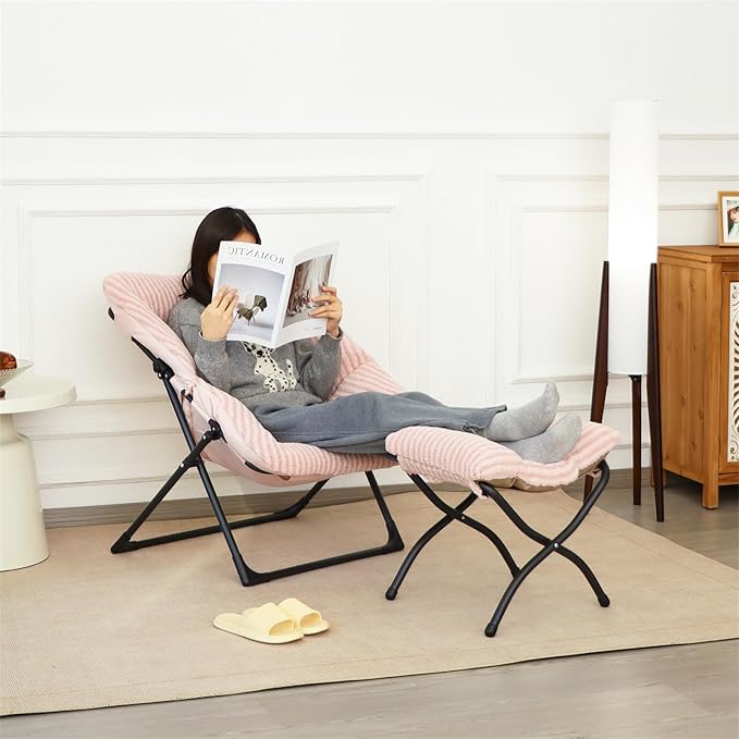 Mordchil HF 15"(H) Folding Ottoman, Foldable Footrest Stool, Portable Small Foot Stool for Couch, Collapsible Foot Rest Ottoman for Sofa, Accent Padded Ottomans for Living Room, Bedroom, Stripe Pink
