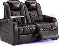 Weilianda Home Theater Seating Top Grain Leather Zero Gravity Recliner Chair Power Headrest Recline Movie Seat Gaming 7 Colors Mood Light Sofa with Tray Table USB Charge Row of 2 Loveseat Brown