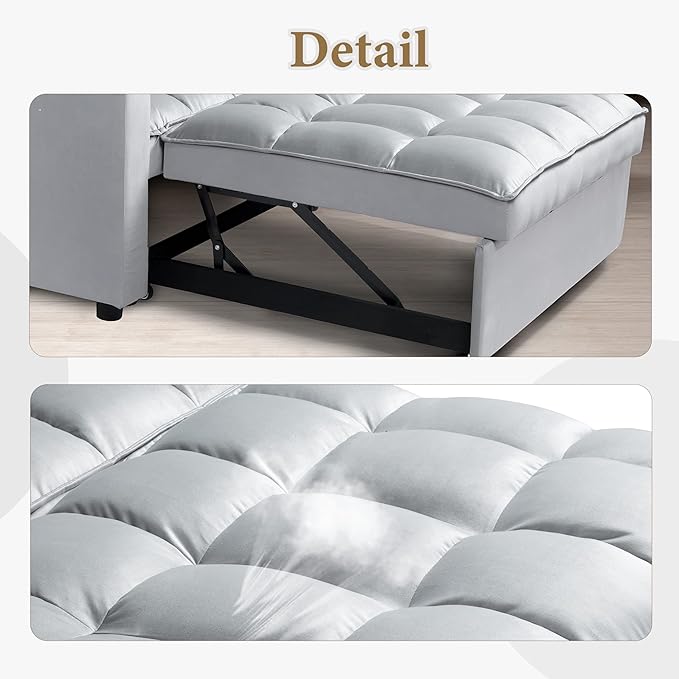 ORRD Convertible Sofa Bed,3-in-1 Multi-Functional Velvet Sleeper Couch Pull-Out 48'' Loveseat Bed Chaise Lounge with Adjustable Backrest and Pillows,Hidden Side Table for Living Room,Small Space Grey