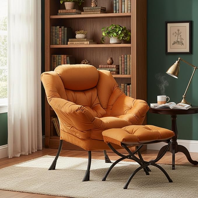 Welnow Lazy Chair with Ottoman, Modern Lounge Accent Chair with Armrests and a Side Pocket, Leisure Sofa Armchair, Reading Armchair with Footrest for Small Space, Corner Chair