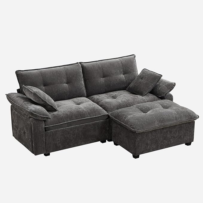PALLOME 82" Deep Seat Comfy Cloud Couch, Modular Sectional Sofa with Movable Ottoman, L Shaped Chenille Sofa for Small Space, Modern Apartment Living Room & Office (Light Grey, 2-Seat + Ottoman)
