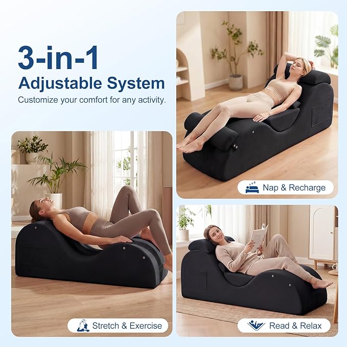 Yoga Chaise Lounge Chair, S-Shaped Floor Sofa with Moveable Headrest, Lumbar Pillow, Support Cushion, Footrest, Non-Slip Base, No-Assembly Lounger for Stretching, Meditation & Relaxation (Black)