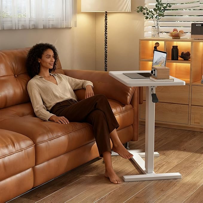 Overbed Bedside Table with Wheels Adjustable Hospital & Home Use Bed Table Rolling Movable Laptop Mobile Standing Desk Pneumatic Computer Cart Waterproof L-Shaped Steel Base Tray Tables,White