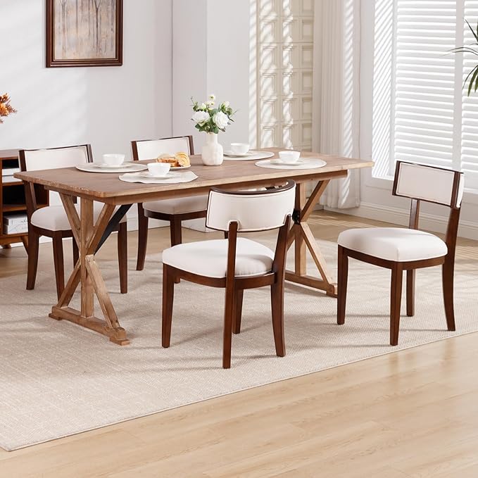 DM Furniture Dining Chairs Set of 2 Linen Fabric Upholstered Dining Room Chairs with Curved Backrest Mid Century Modern Farmhouse Kitchen Chair Solid Wood Side Chairs for Living Room/Restaurant