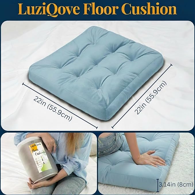 Velvet Floor Pillow Set of 2, Square Large Pillows Seating for Adults, Tufted Cushions for Meditation, Yoga Tatami Living Room Chair, Machine-Washable & Dryer-Safe, Pastel Blue, 22x22 Inch