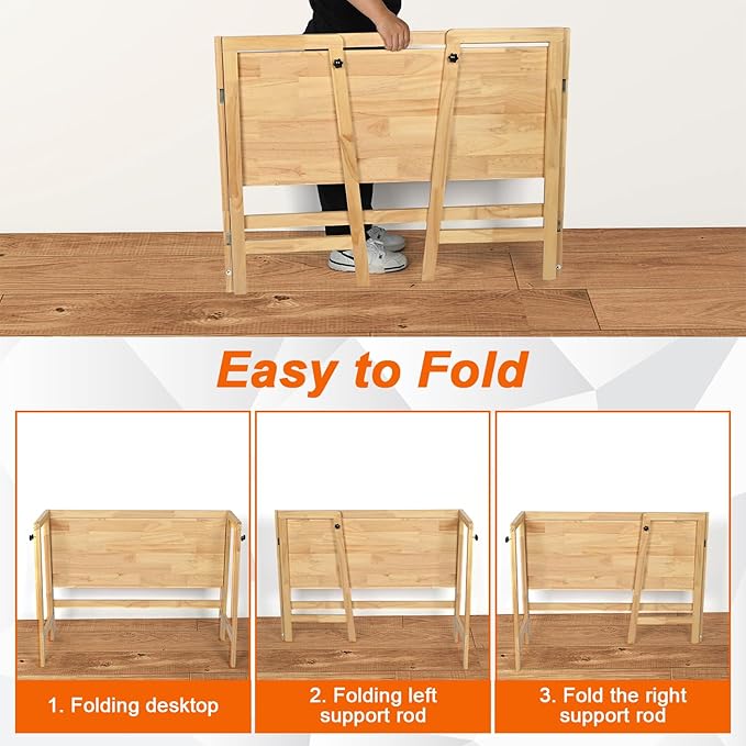 39" Solid Wood Folding Desk - Mid Century Modern Compact Workstation for Small Spaces, Home Office Computer Writing Study Desk with Natural Wood Finish