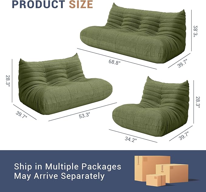 Bean Bag Chair for Adults, Fireside Chair Lazy Floor Sofa, Modern Corduroy Fabric Caterpillar Sofa Couch, Armless Foam Lounger Tatami Recliner Bean Bag Couch for Living Room Bedroom Dorm Office