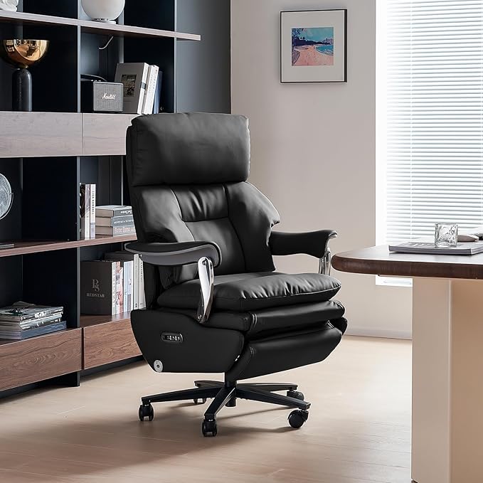 EMIAH Ergonomic Office Chair with Foot Rest Electric Executive Office Chair Reclining with Massage Big and Tall High Back Computer Chair with Wheels, Sustainable Leather(Black)