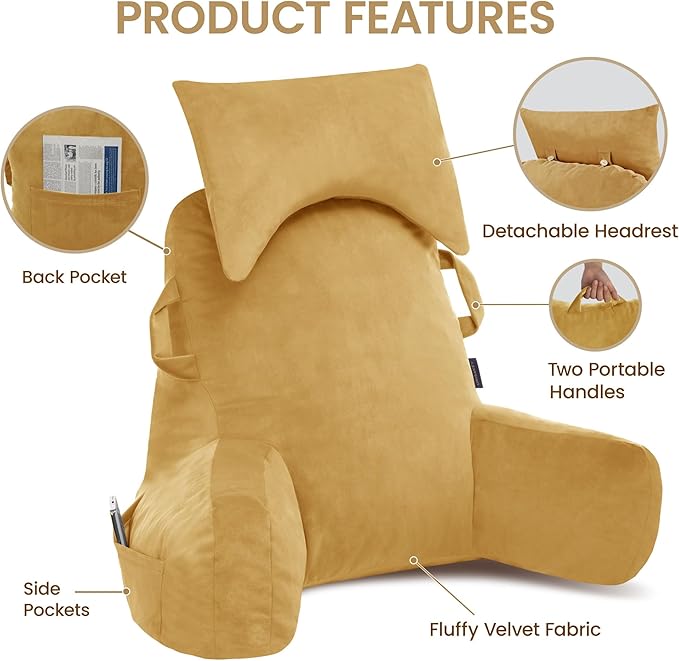 Unisakey Portable Reading Pillows with Headrest for Bed Sitting Up(Camel Oeko-Tex), Velvet Back Pillow with Arms & Pockets for Adults, Support Memory Foam Bed Pillow for Dorm/Reading/Watching/Gaming