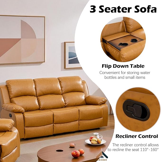 JBXBER Manual Recliner Sofa Set for Living Room, Leather Reclining Sofa Sets, Faux Leather Couch Set with Cup Holders, Drop-Down Table and Storage Console(3 Piece Set,Ginger)