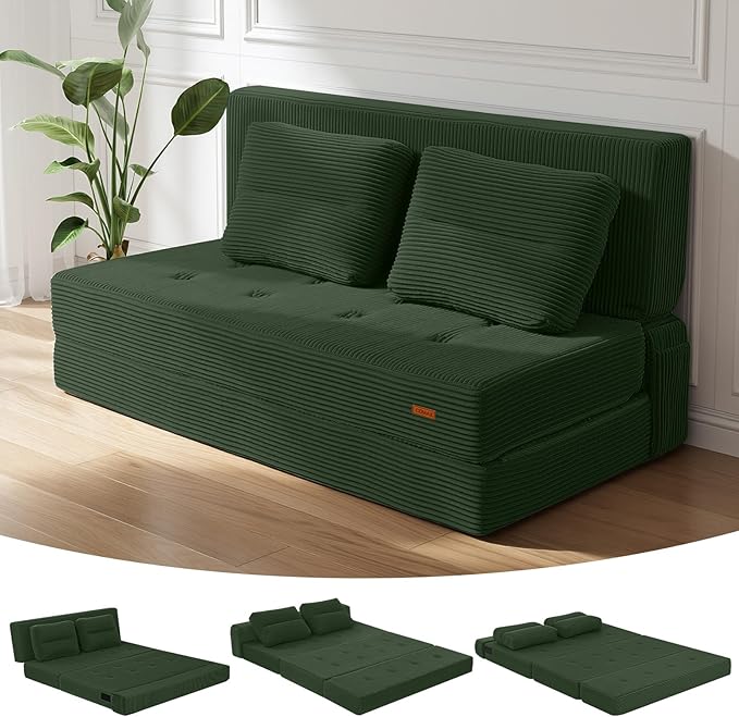 COMAX Folding Sofa Bed, Foldable Couch for Bedroom, Convertible Floor Sleeper Futon Chair Foam, Corduroy 3 in 1 Fold Out Chair Portable Comfy Lounge Couch Sofa Bed for Small Space, Full, Green