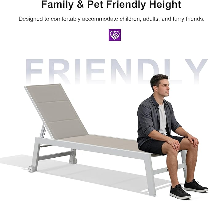 PURPLE LEAF Outdoor Chaise Lounge Set Adjustable Sunbathing Recliner with Side Table for Poolside Beach Outside Patio Aluminum Chaise Lounger Khaki