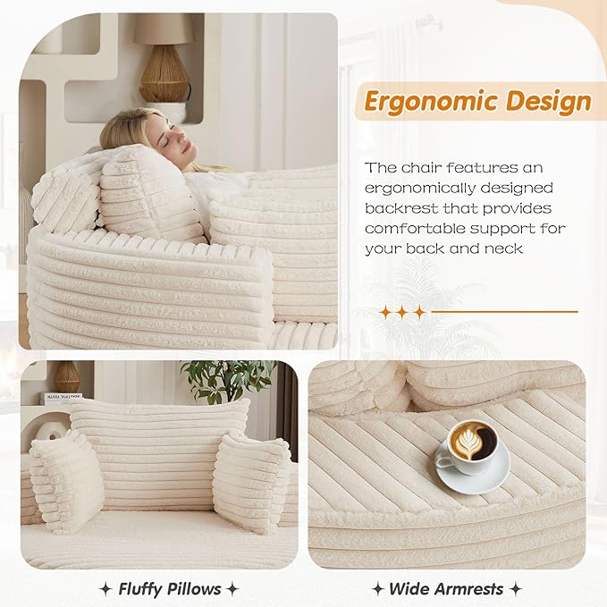 50"W Oversized Round Chaise Lounge Chair Indoor, Upholstered Corduroy Deep Seat Cloud Circle Sofa Chair, Modern Fluffy Comfy Floor Reading Armchair for Living Room, Bedroom, No Assembly Required,Beige