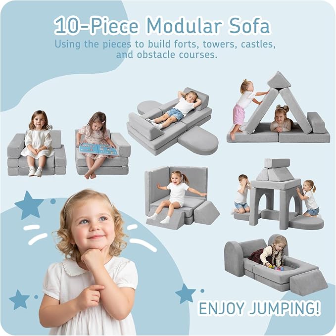 MeMoreCool Kids Modular Play Couch – 10-Piece Foam Climbing Sofa Set for Ages 2–6 | Creative Fort Building, Reading & Nap Time | Washable Plush Covers, Light Grey