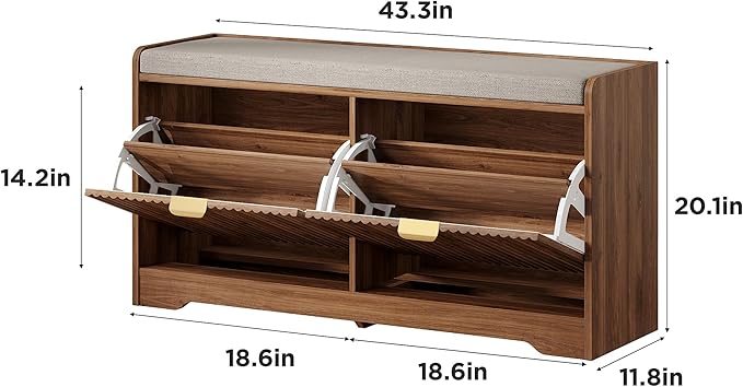 Maupvit Fluted Shoe Bench with Storage, Narrow Wooden Entryway Bench with Removable Cushion & 2 Flip-Drawers, Shoe Cabinet Bench, Farmhouse Boho Shoe Rack for Entrance, Hallway, Living Room (Walnut)