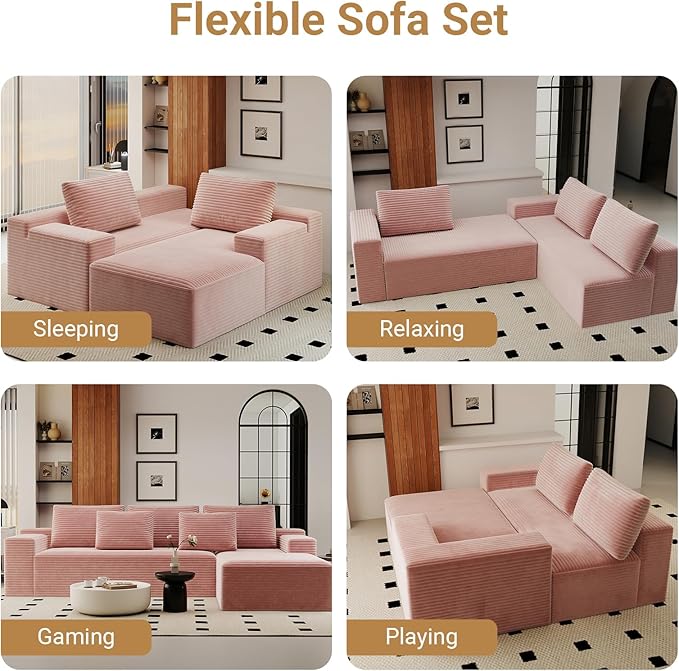 KAPEETOO Modular Sectional Sofa Cloud Couch for Living Room, Right L Shaped Boneless Couch with Chaise Longue, Oversize 3-Seater Sectional Sleeper Sofa Set with Deep Seat Bedroom (Pink)