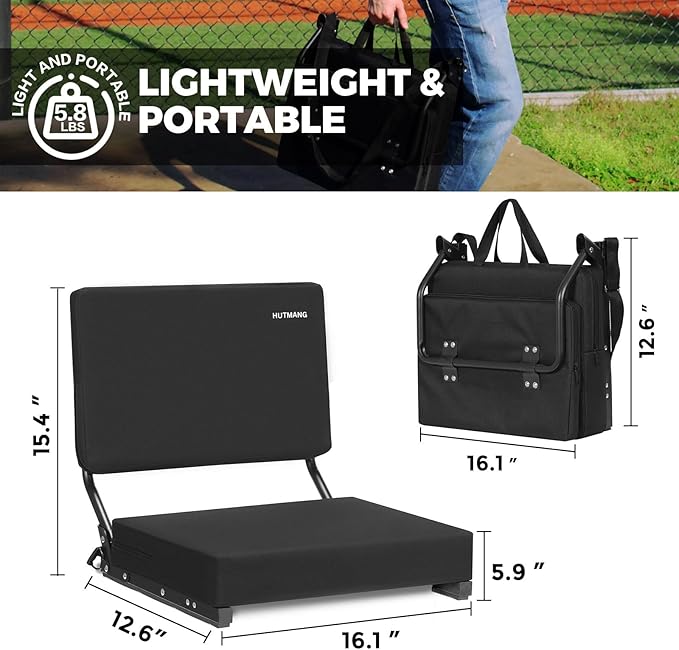 HUTMANG Chair - Stadium Seat with Back Support, Padded Foam Backs, 330LBS Weight Support, Portable, Foldable, Black