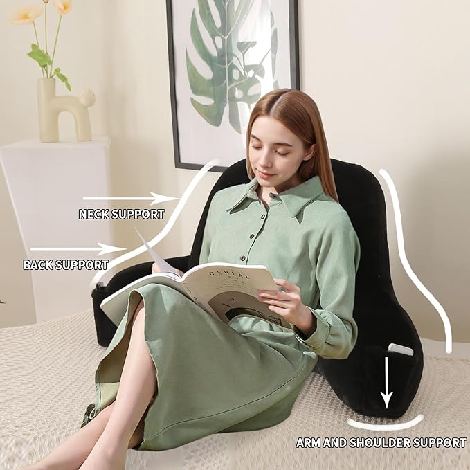 PAJEO Reading Pillow for Sitting in Bed, Large Backrest Reading Pillow with Arm Rest,Back-Rest Support Cushion for Sit Up on Couch, Sofa, and Floor, Dorm Essentials (Black Faux Fur, Large(19"))