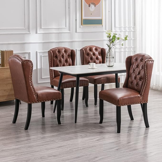 DUOMAY Modern Tufted Dining Chairs Set of 2, PU Leather Upholstered Dining Room Chairs Armless Guest Side Chair for Kitchen Dining Room, Wingback Accent Chairs with Solid Wood, Brown