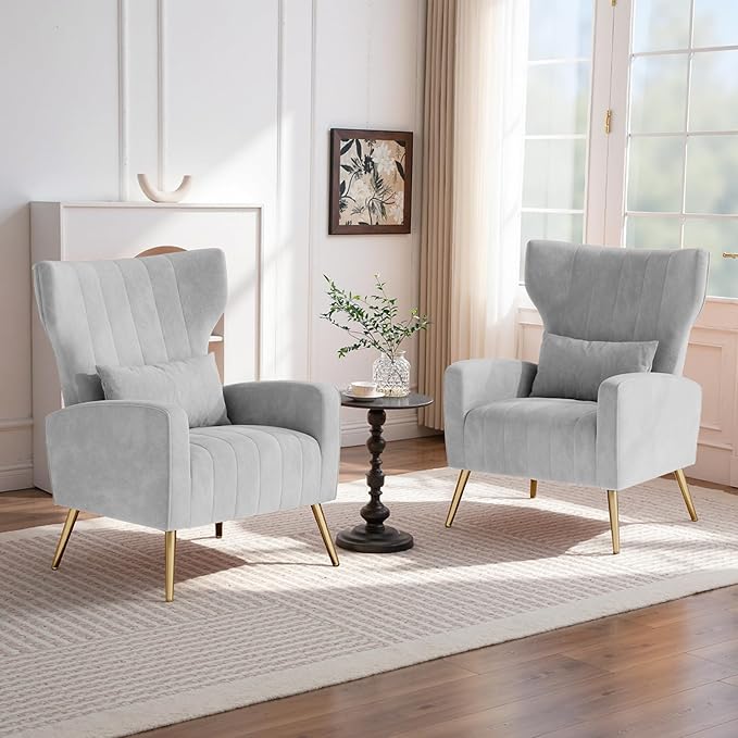 Nalupatio Modern Accent Chairs for Set of 4 Upholstered Velvet Fabric Reading Chair Mid Century Arm Chair Comfy Armchair for Living Room,Light Gray