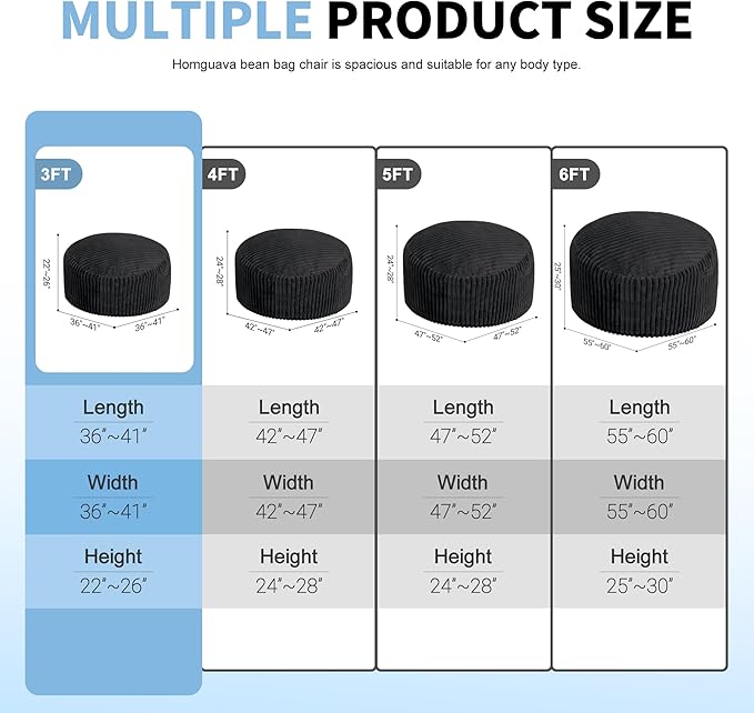 Homguava 3 FT Bean Bag Chair,3' Big Bean Bag,Large Bean Bag Chairs for Adults with Memory Foam Filled,Comfy Beanbag Chairs Soft Bean Bag Sofa with Dutch Corded Plush Cover-Jet Black