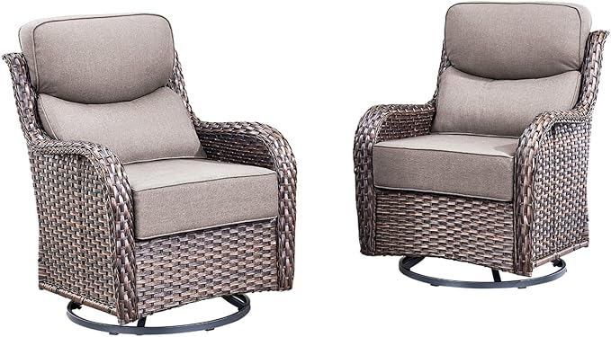 Pugire Luxury Outdoor Swivel Rocker Patio Chairs Set of 2 with 6-Inch Thick Cushions, High Back Swivel Patio Chairs Wicker Outdoor Gliders for Porch, Yard, Deck, Poolside, Brown/Grey